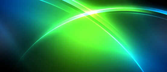 Neon glowing circle rays, light round lines in the dark, planet style neon wave lines. Energetic electric concept design for wallpaper, banner, background