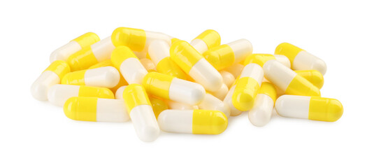 Many antibiotic pills isolated on white. Medicinal treatment