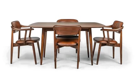 A dining table with matching chairs The chairs have a wooden frame and leather seats