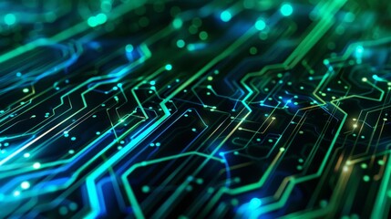  A vibrant digital background featuring a complex circuit board pattern with glowing blue and green lines, perfect for highlighting advanced technology themes. 