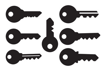 Key icon set. Antique key silhouettes. Medieval and modern keys, black vintage shapes set. privacy and escape. Open door symbols vector elements,