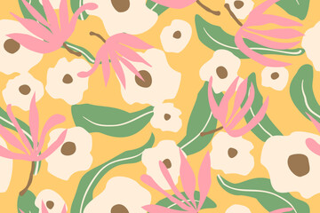 Seamless pattern design with beautiful flowers and leaves. design for fabric, cotton, wallpaper, satin, gift wrap, carpet.	
