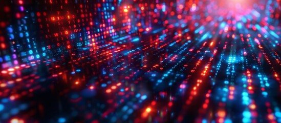 Naklejka premium Dynamic Binary Code Matrix in Vibrant Red and Blue - Concept of Digital Data Stream for Tech Background