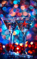 Martini glasses with stars confetti glitter inside, in red and blue colors. Festive background for 4th of July (Independence day) holiday in United States of America.