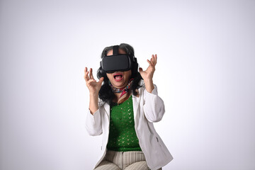 Amazed senior woman VR headset enjoying virtual reality experience isolated on white background