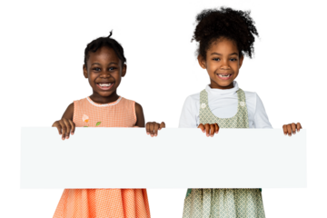 Cheerful little girls holding blank banner transparent png