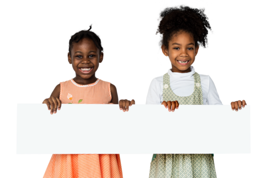 Cheerful little girls holding blank banner transparent png