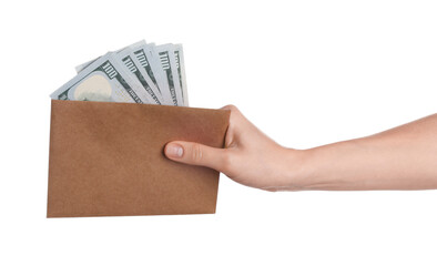 Money exchange. Woman holding envelope with dollar banknotes on white background, closeup