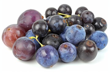 Fototapeta premium Assorted fresh plums on a white background, vibrant colors, healthy and organic, perfect for snacking, high resolution photography