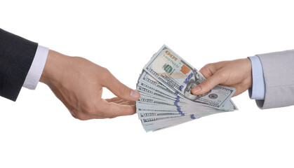 Money exchange. Man giving dollar banknotes to woman on white background, closeup