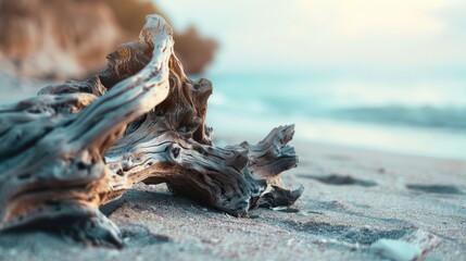 Wooden driftwood on shore with blurred background