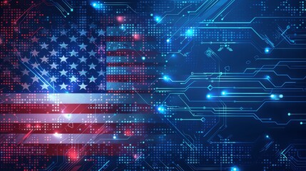 Digital American flag overlaying a futuristic blue circuit board, representing technology and innovation in the USA.