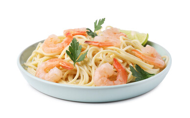Tasty spaghetti with shrimps and parsley isolated on white
