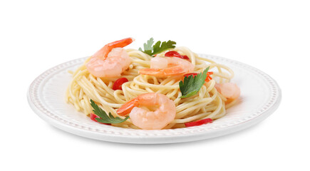 Tasty spaghetti with shrimps, chili pepper and parsley isolated on white