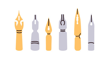 Nibs types for pen tool. Calligraphy, drawing and writing tips set, metal accessory for handwriting. Old traditional stationery, art supplies. Flat vector illustration isolated on white background