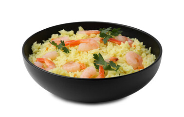 Delicious risotto with shrimps and parsley in bowl isolated on white