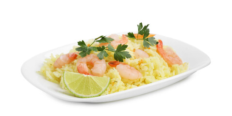 Delicious risotto with shrimps, lime and parsley isolated on white
