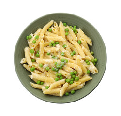 Delicious pasta with green peas and cheese in bowl isolated on white, top view