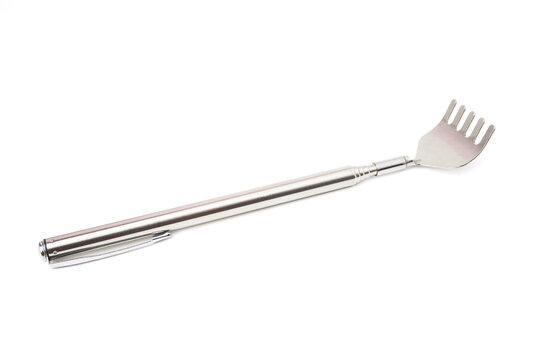 Portable stainless steel back scratcher can be extended and retracted isolated on white background.