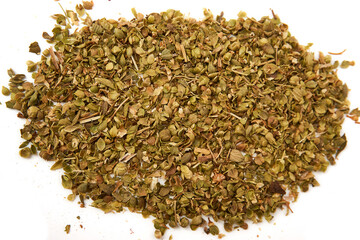 Top view of Oregano isolated on white background. Oregano is a common garnish for pizzas, sauces, vegetable and meat dishes. Has a strong fragrance.