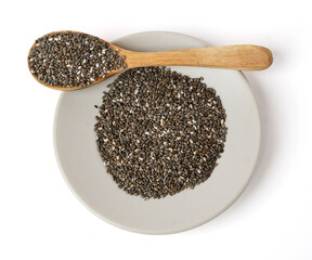Top view of chia seed on spoon and dish isolated on white background. Chia Seed is a small grain. will swell when soaked in water. many nutrients Contains omega-3, protein, fiber and vitamin.
