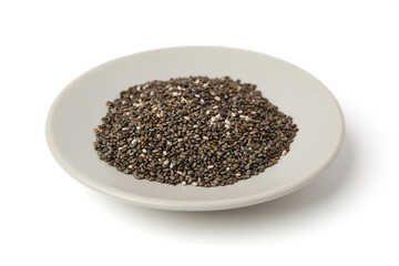 Chia seed on dish isolated on white background. Chia Seed is a small grain. will swell when soaked in water. many nutrients Contains omega-3, protein, fiber and vitamin.