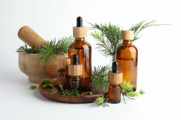 Aromatherapy. Different essential oils, fir twigs, mortar and pestle on white background