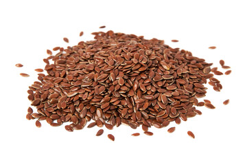 Pile of Brown flax seeds scattered isolated on white background. Brown Flax Seed is rich in nutrients such as dietary fiber and essential fatty acids that are beneficial to the body.