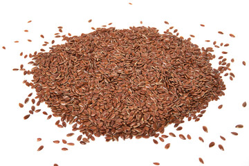 Pile of Brown flax seeds scattered isolated on white background. Brown Flax Seed is rich in nutrients such as dietary fiber and essential fatty acids that are beneficial to the body.