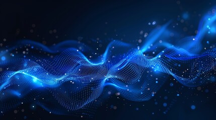 Abstract digital wave with flowing particles and blue light on dark background, suitable for technology and futuristic themes.