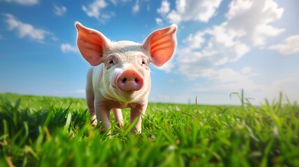 Adorable piglet standing on lush green grass under a bright blue sky with clouds. Young farm animal. Concept of nature, agriculture, rural life, livestock - Powered by Adobe