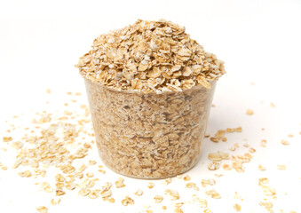 Bowl of instant oatmeal isolated on white background. Oatmeal is oats that have been ground or processed, can be cooked quickly within a few minutes, add hot water or warm milk and eat for breakfast.