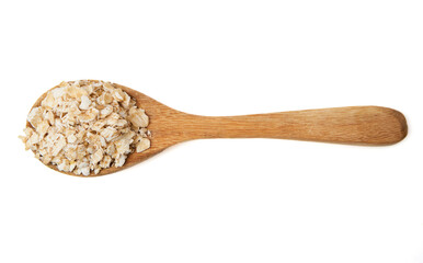 Top view of instant oatmeal on spoon isolated on white background. Oatmeal is oats that have been ground or processed, cooked quickly within a few minutes, add hot water or warm milk.