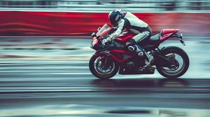 Fototapeta premium Speeding motorcycle racer in full gear on high-performance bike on a racetrack. Concept of speed, motorsport, racing competition, thrill