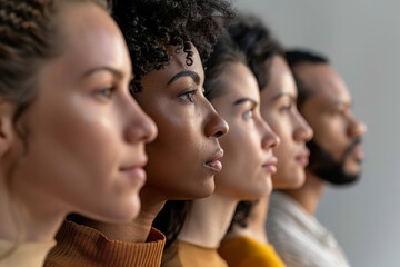 Fototapeta premium In profile view, a diverse group of individuals stands together, symbolizing multicultural unity