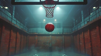 Basketball in mid-air approaching the hoop in an indoor court at night. Concept of sports, accuracy, athletic competition, and basketball game