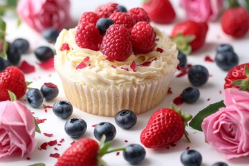 Mini berry tart with whipped cream and fresh berries, vibrant colors, perfect for celebrations, high resolution photography