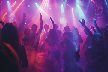 Under the vibrant glow of ultraviolet light, people are having fun in a club, dancing energetically on the stage