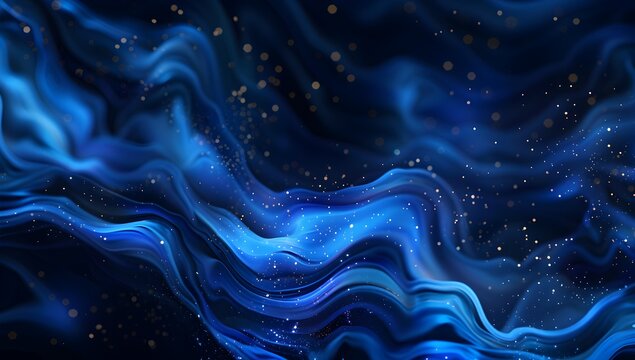 abstract blue background with dots and waves of light, a starry sky, fluid abstract shapes on a dark background using dark tones of dark blue and black, glowing lights and glowing particles, fluid lin