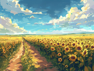 Watercolor painting of sunflower field under blue sky