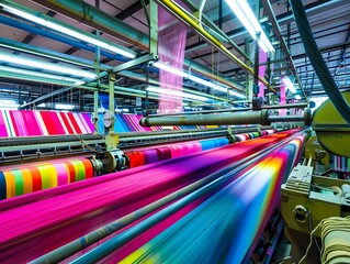 A factory with a conveyor belt of colorful fabric