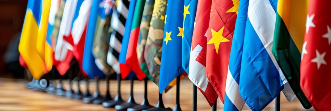 Row of european national flags displayed for cultural representation and symbolism