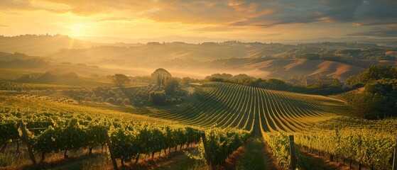 Fototapeta premium Sunrise over the Tuscan countryside, illuminating the sprawling vineyards that blanket the hills. The early morning light bathes the landscape in a soft, warm glow, highlighting the rows of