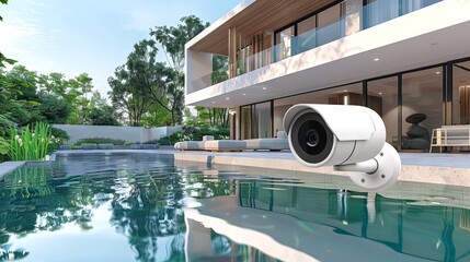 Fototapeta premium Security camera beside a luxurious poolside modern house. Concept of safety, home protection, contemporary living, surveillance technology