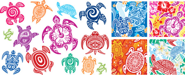 Turtles in Maori tattoo style and Seamless pattern