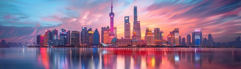 Naklejka premium Panoramic skyline of a vibrant city at sunset with colorful reflections in the water, showcasing modern skyscrapers and urban beauty.