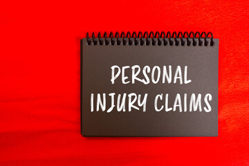 Personal injury claims message written on black notebook page with red background. Conceptual personal injury claims symbol. Copy space.