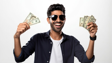 Happy man in sunglasses holding US dollar bills, symbolizing wealth and success on a white background.