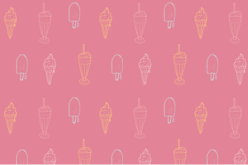 Seamless pattern with pastel colours ice cream cones, milkshakes, and popsicles on a pink background. Summer dessert theme for design and print.