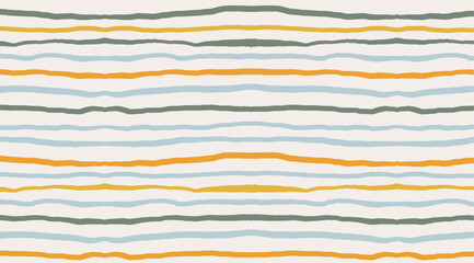 Seamless pattern with wavy horizontal green, blue and orange stripes. Vertical hand drawn lines. Vintage design for textile and wallpaper.	
